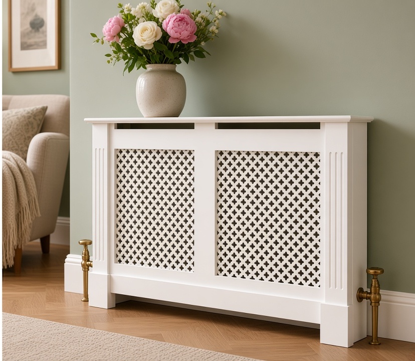 Bespoke white radiator cover with flowers in a living room – Windsor Covers